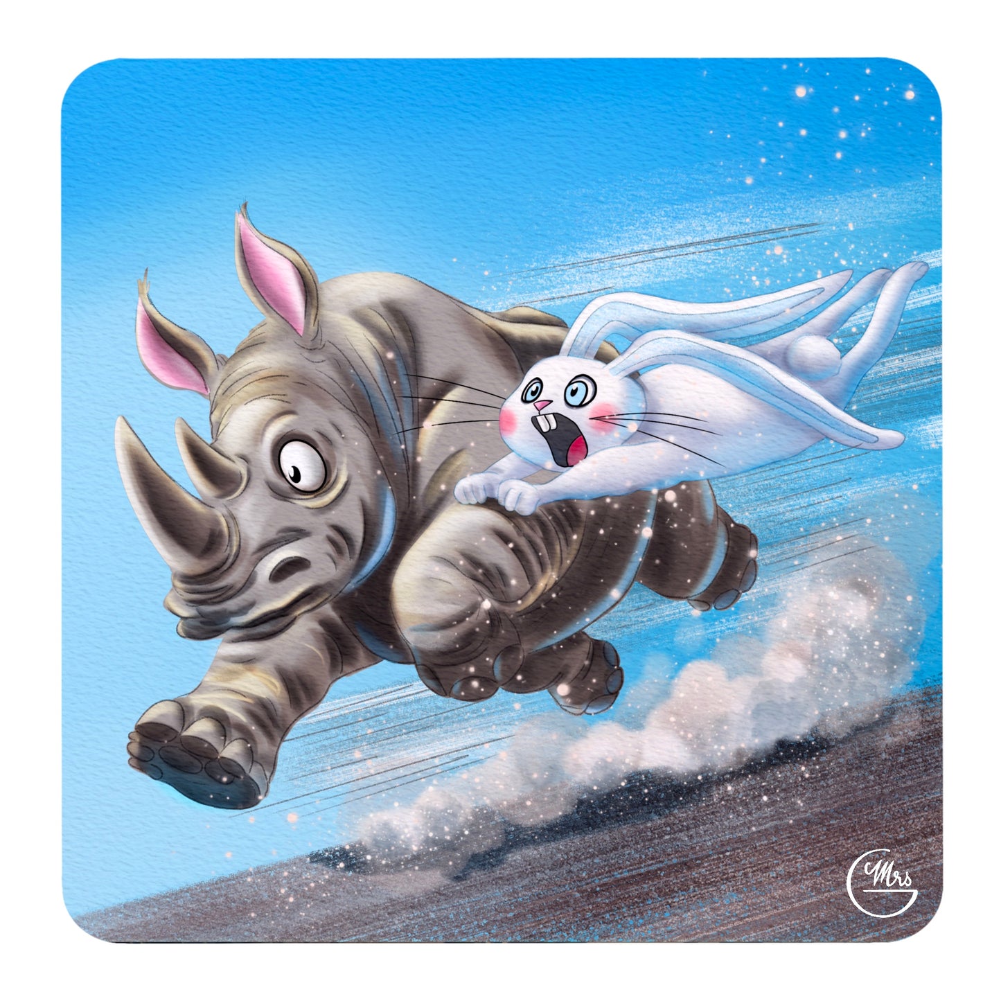 Carte postale. Lapinou, accroché sur un rhinocéros, dévale une pente à toute vitesse... Ca décoiffe...