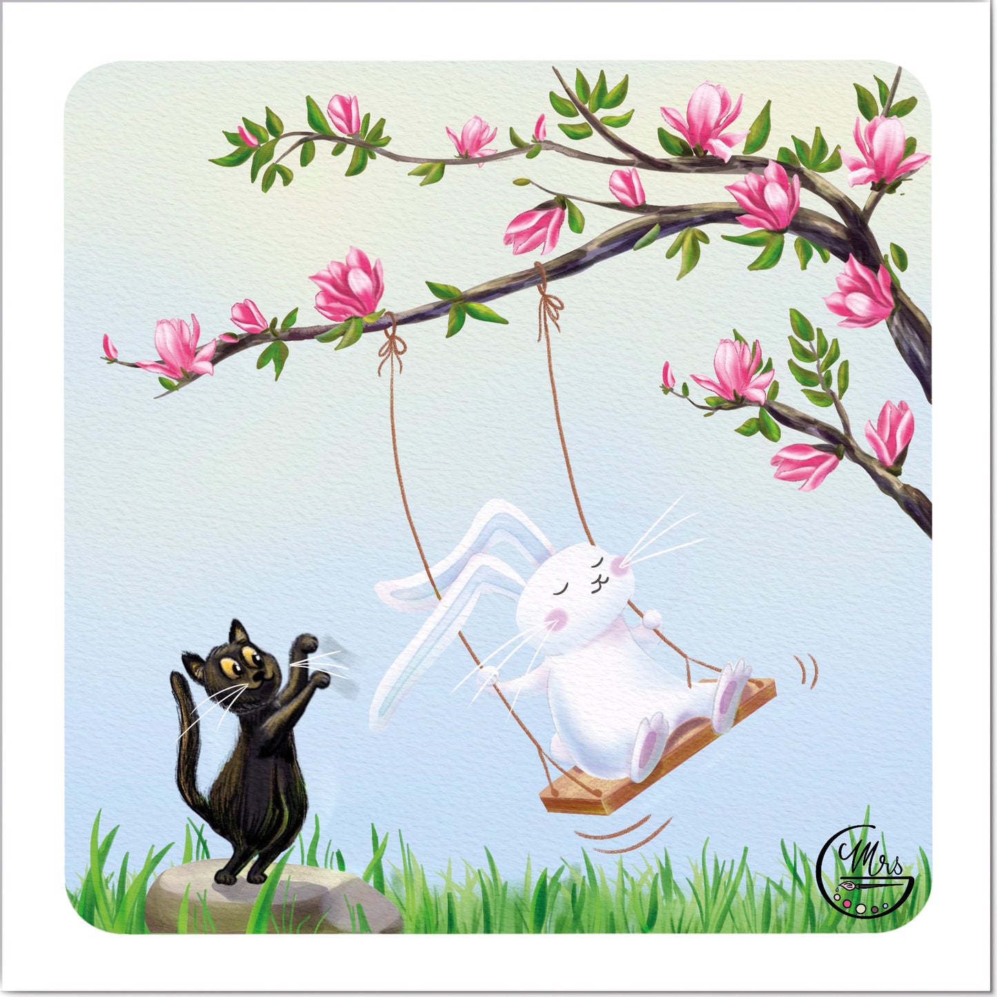 Quand Lapinou et Petit Chat prennent du bon temps sur une balançoire-Mrs G Illustration