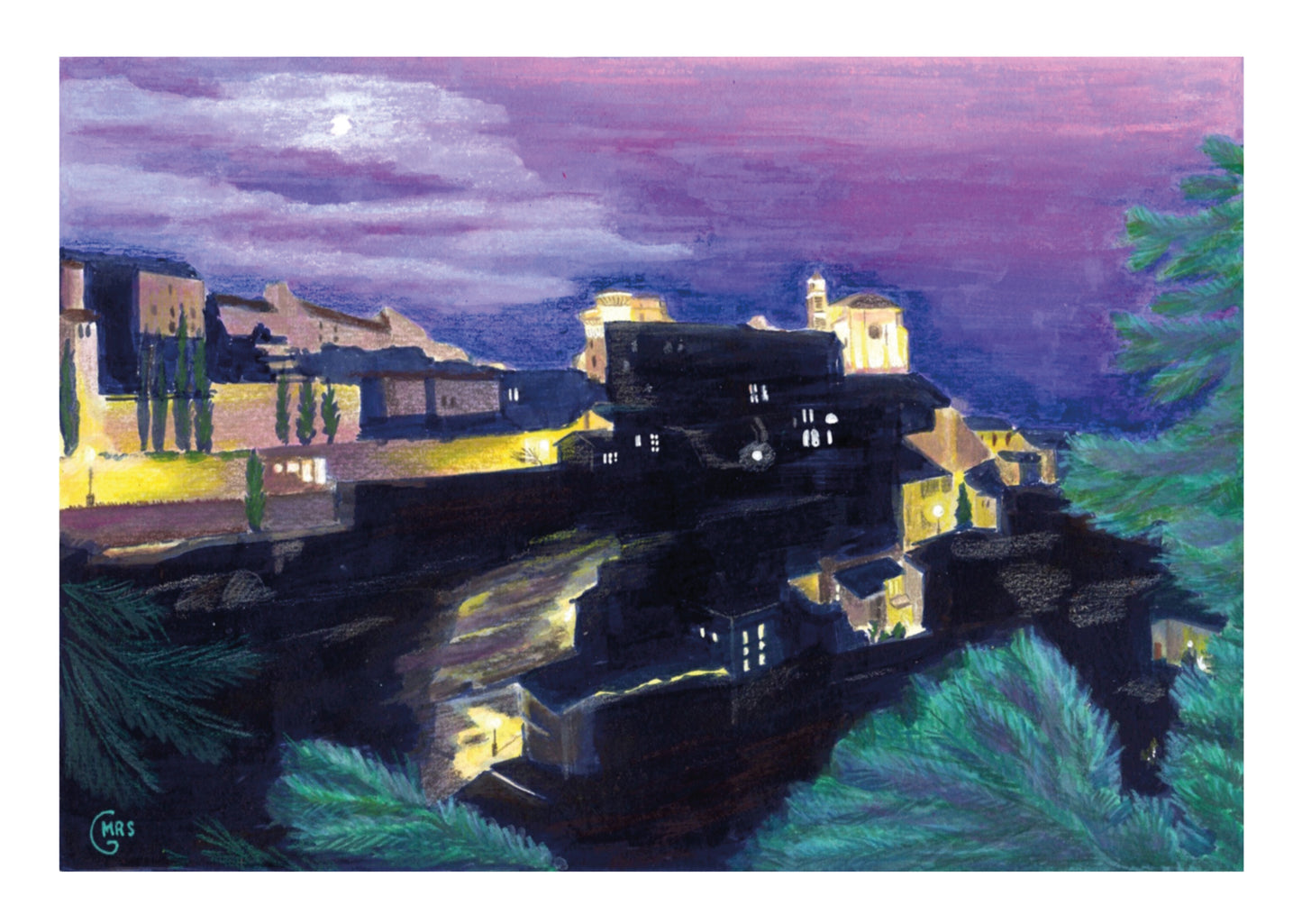 Carte postale. Gordes, vue du village de nuit