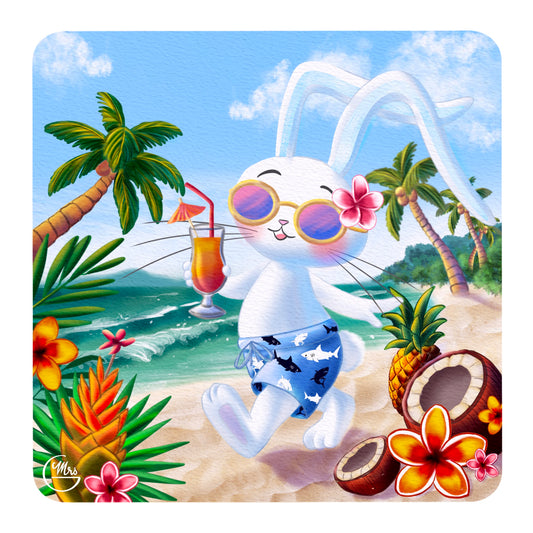 Carte postale. Soleil, sable et smoothie : Lapinou profite à fond des vacances !