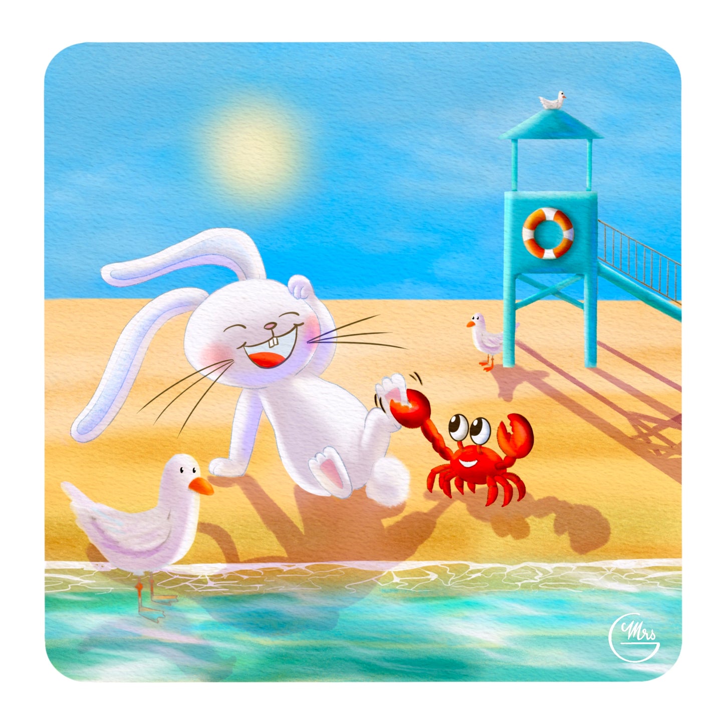 Carte postale. Attention aux pinces ! Lapinou et le crabe en plein fous rires sur la plage !
