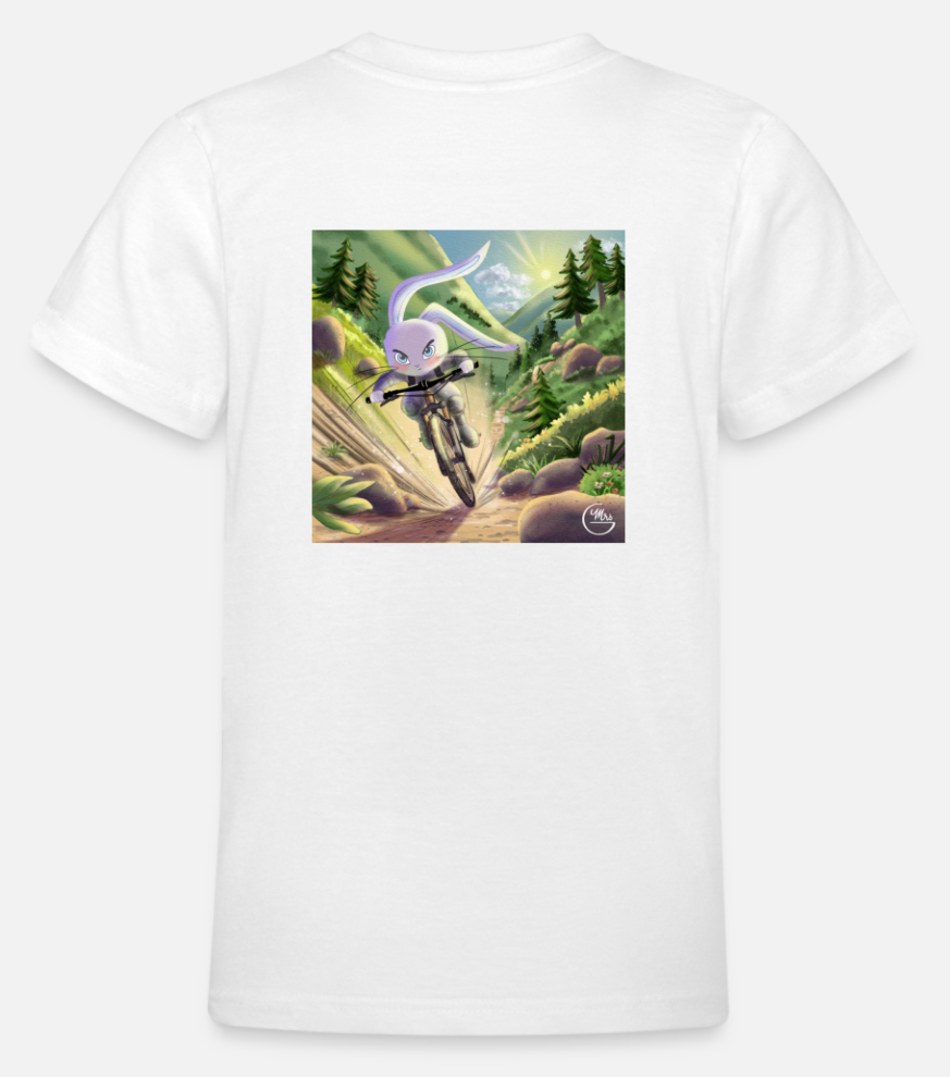 Tee-shirt à manches courtes, avec 2 impressions (devant: logo/derrière: "Lapinou en VTT")-Mrs G Illustration