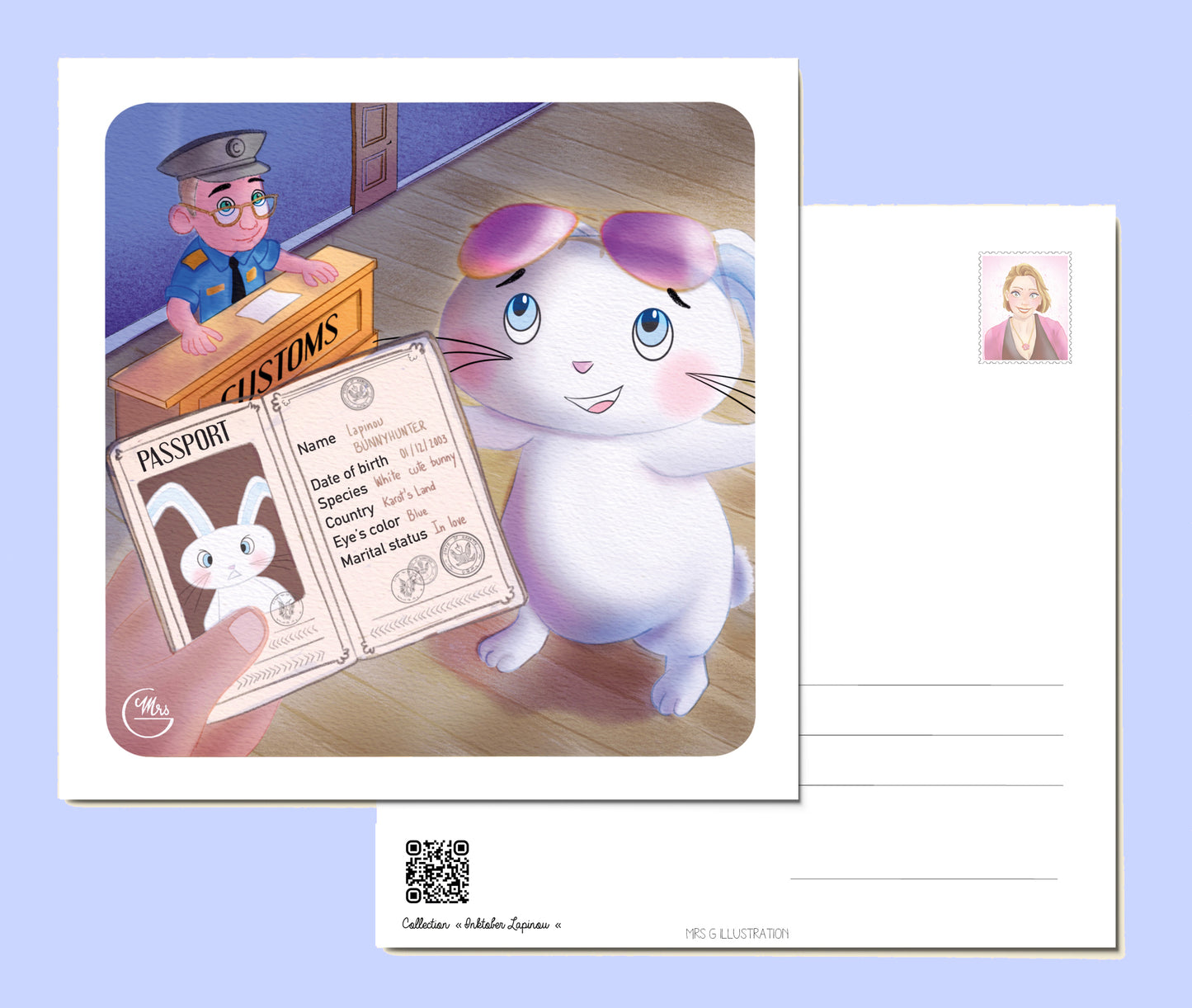 Carte postale. Passeport, s'il vous plaît ! Lapinou en mission charme à la douane !