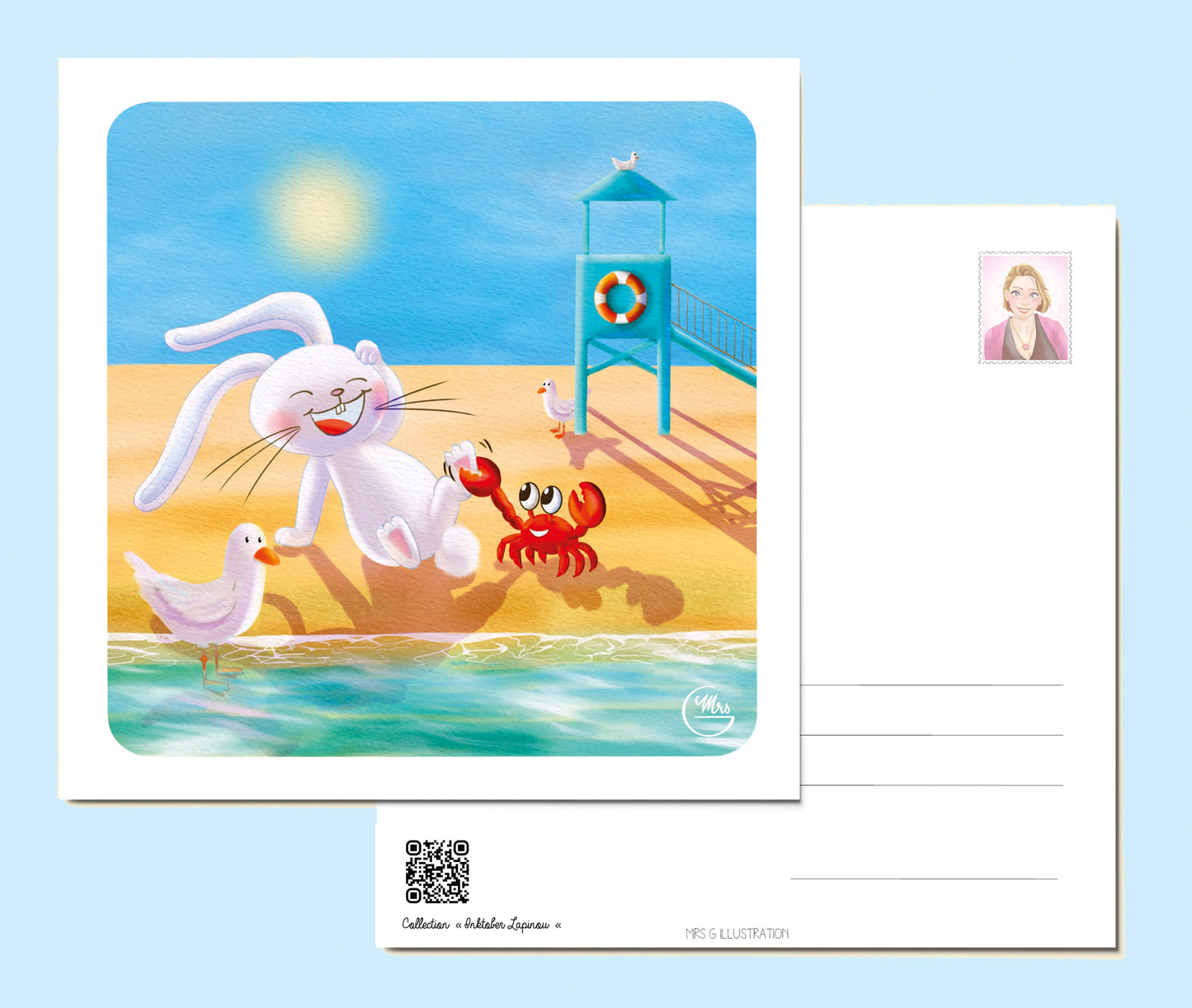 Carte postale. Attention aux pinces ! Lapinou et le crabe en plein fous rires sur la plage !