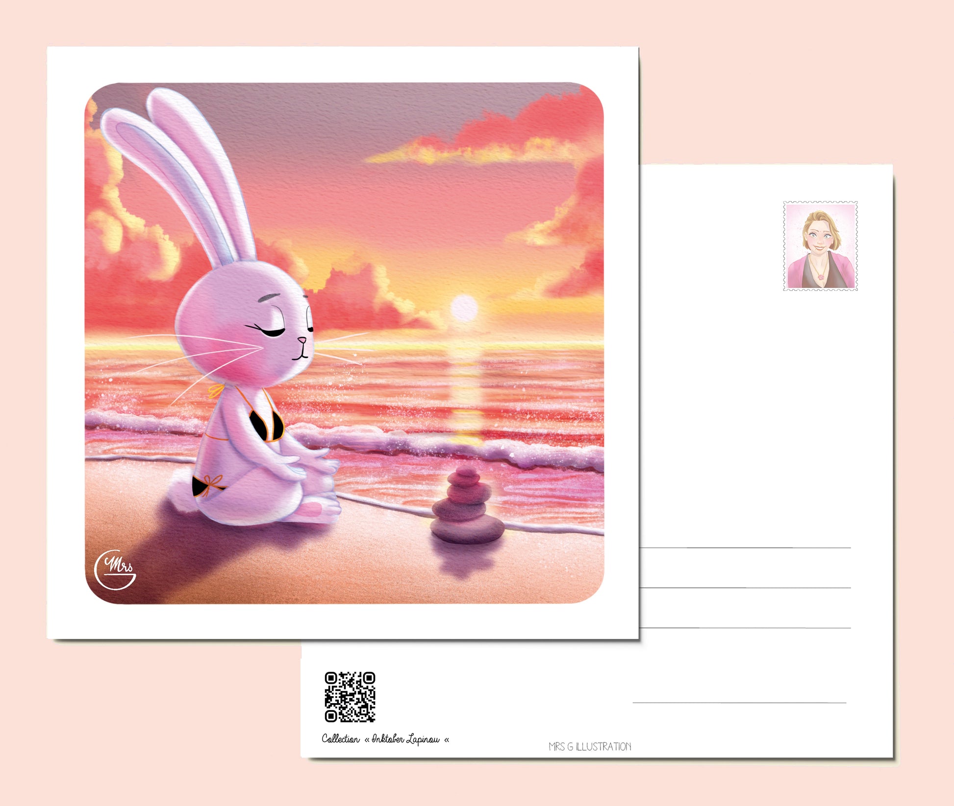Carte postale. Sérénité au crépuscule : Lapinette en yoga au bord de la mer!