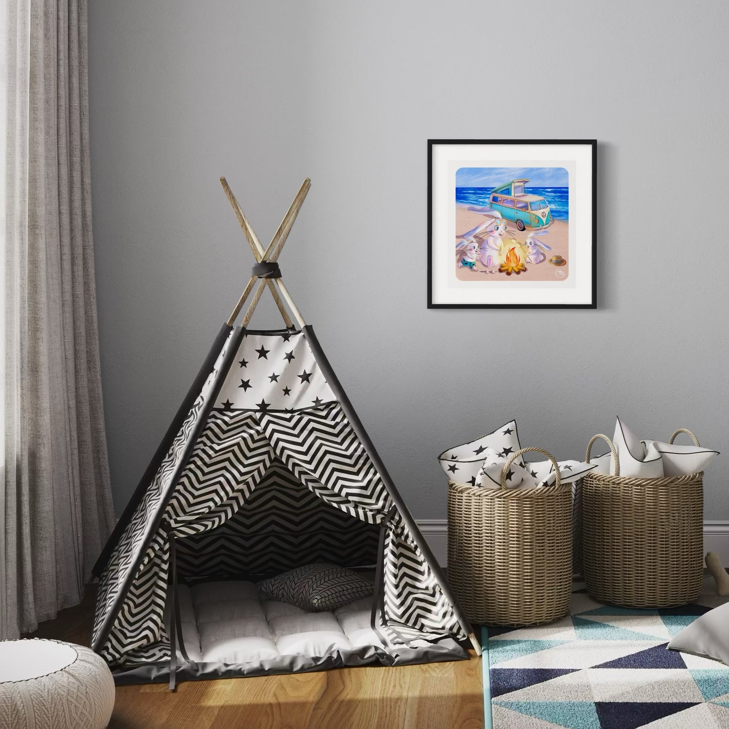 Poster. Évasion en famille : Lapinou et ses proches partagent rires et marshmallows au bord de la mer !
