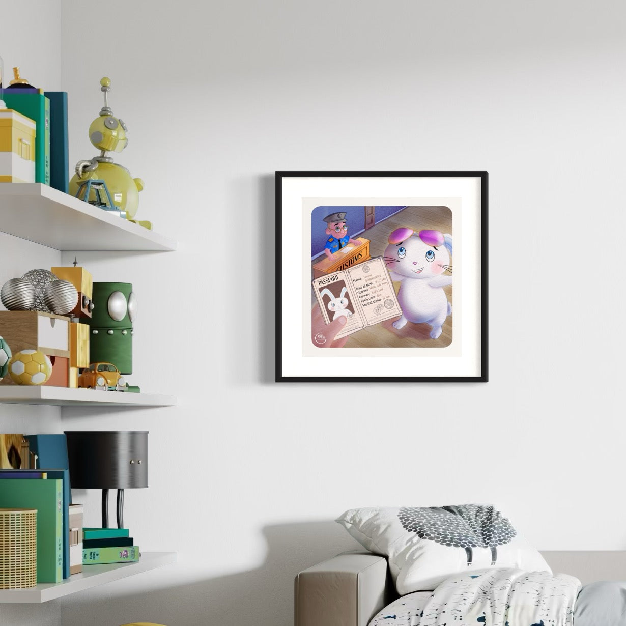 Poster. Passeport, s'il vous plaît ! Lapinou en mission charme à la douane !
