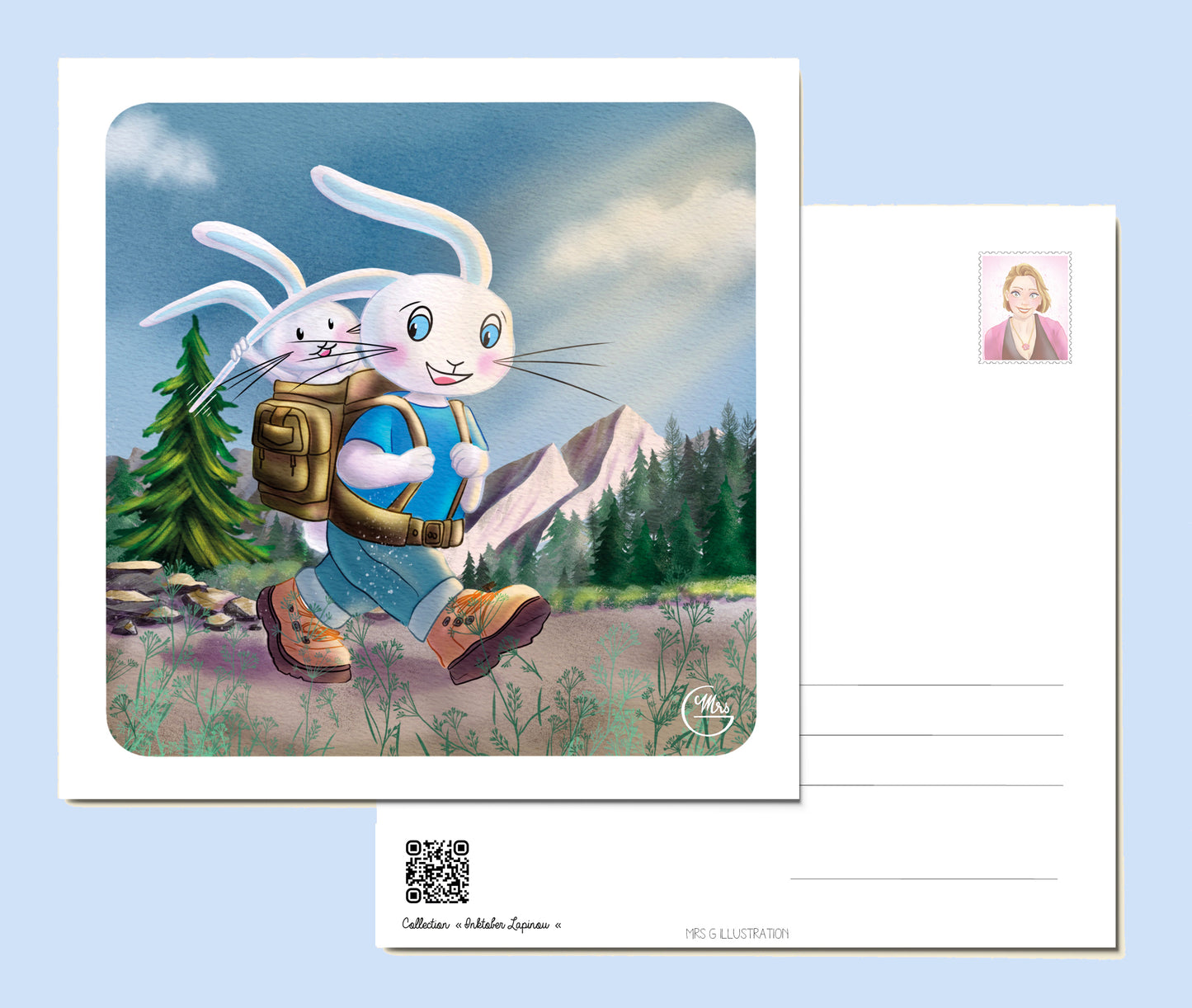 Carte postale. Aventure en duo : Lapinou Père et Fils en randonnée pleine de malice !