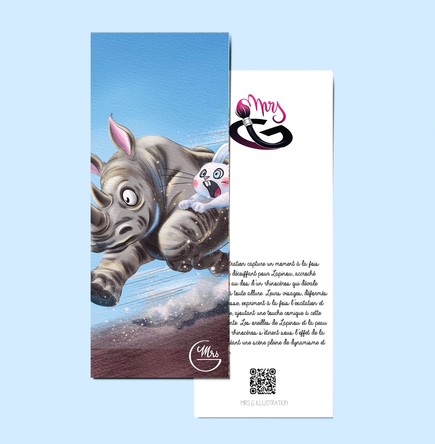 Marque page. Lapinou, accroché sur un rhinocéros, dévale une pente à toute vitesse... Ca décoiffe...