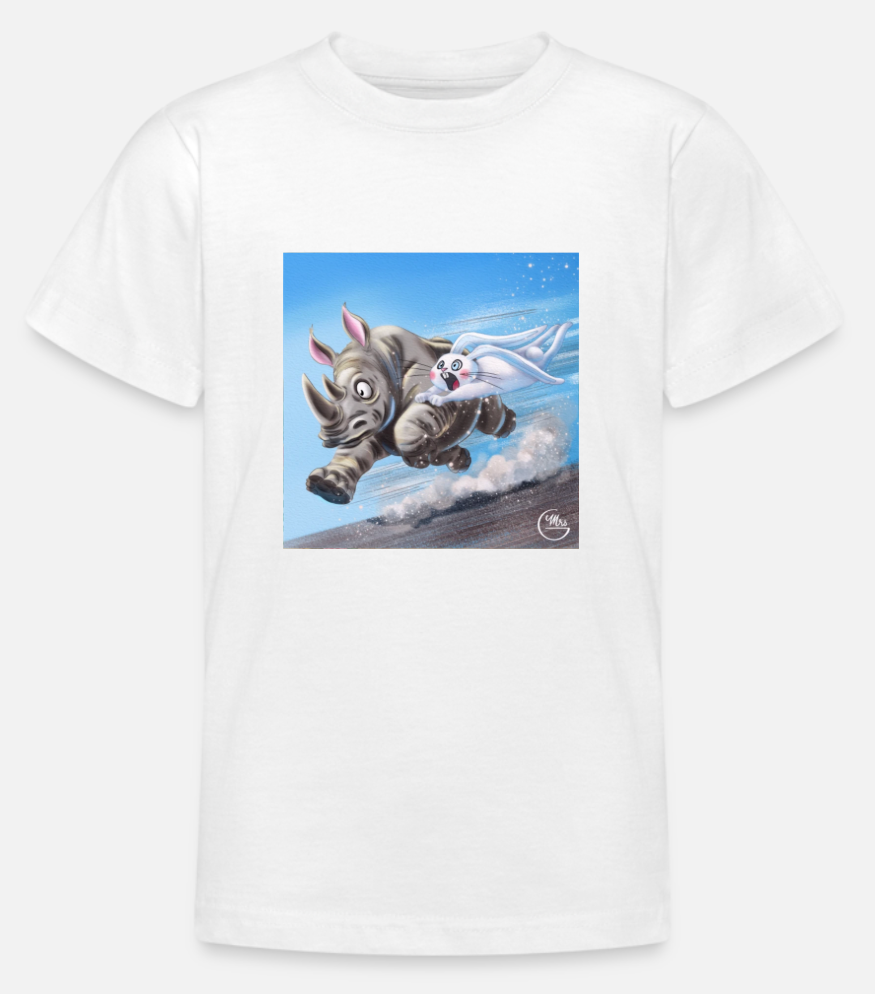Tee-shirt à manches courtes, avec 1 impression devant (dessin "Lapinou et Rhinocéros")-Mrs G Illustration