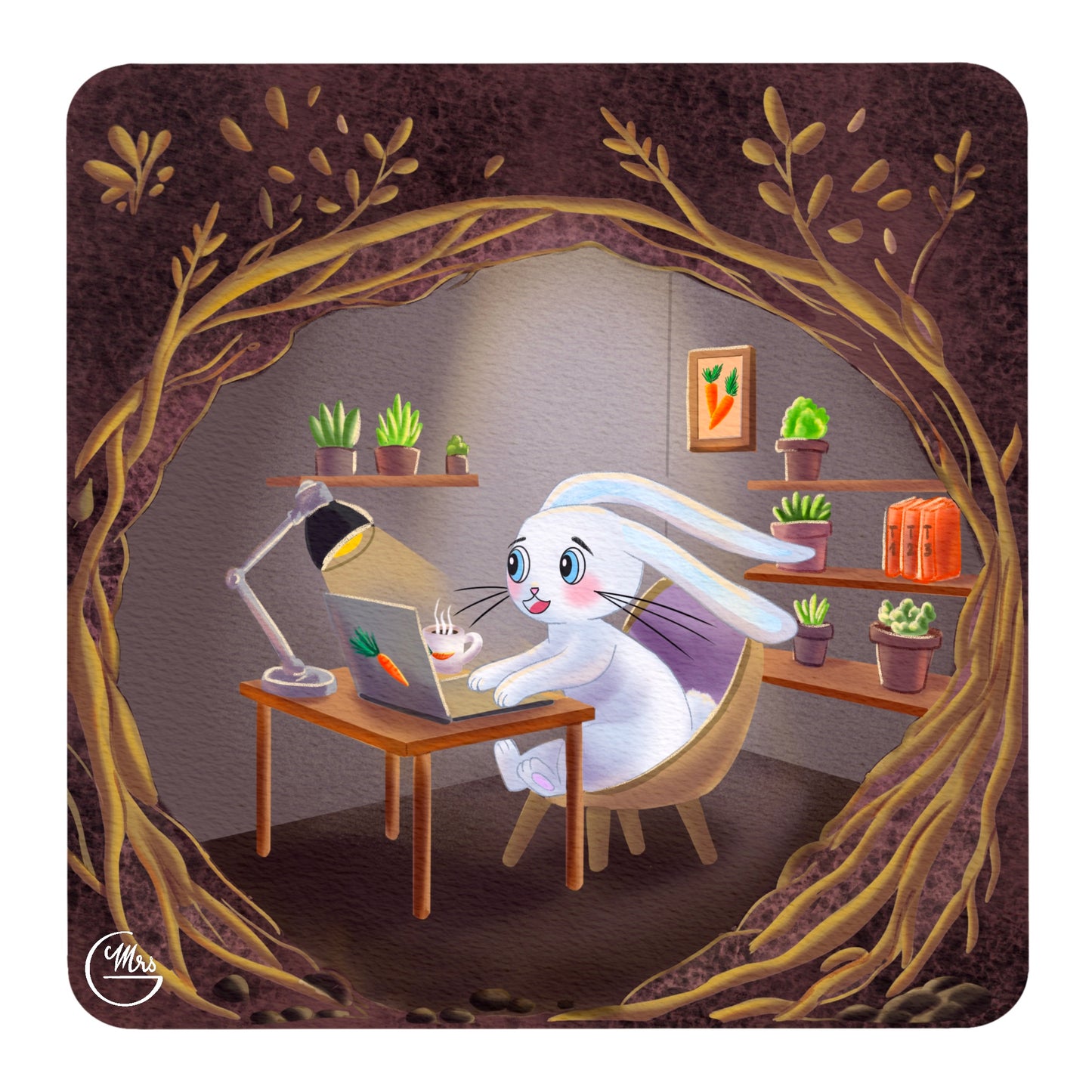 Carte postale. Lapinou en plein télétravail : confort, thé et productivité au terrier !