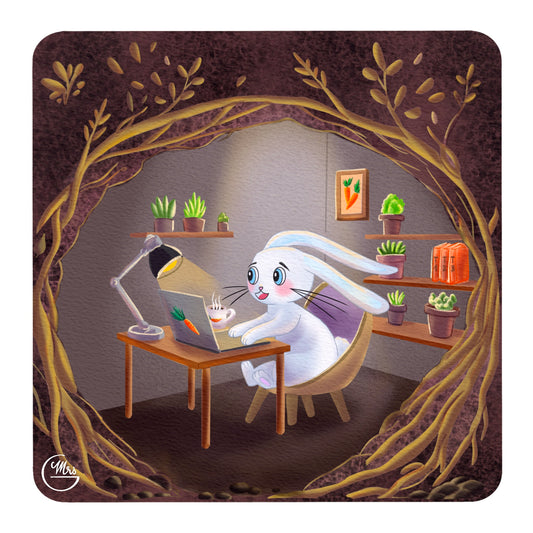 Carte postale. Lapinou en plein télétravail : confort, thé et productivité au terrier !