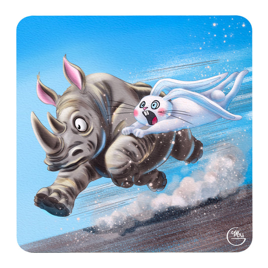 Carte postale. Lapinou, accroché sur un rhinocéros, dévale une pente à toute vitesse... Ca décoiffe...