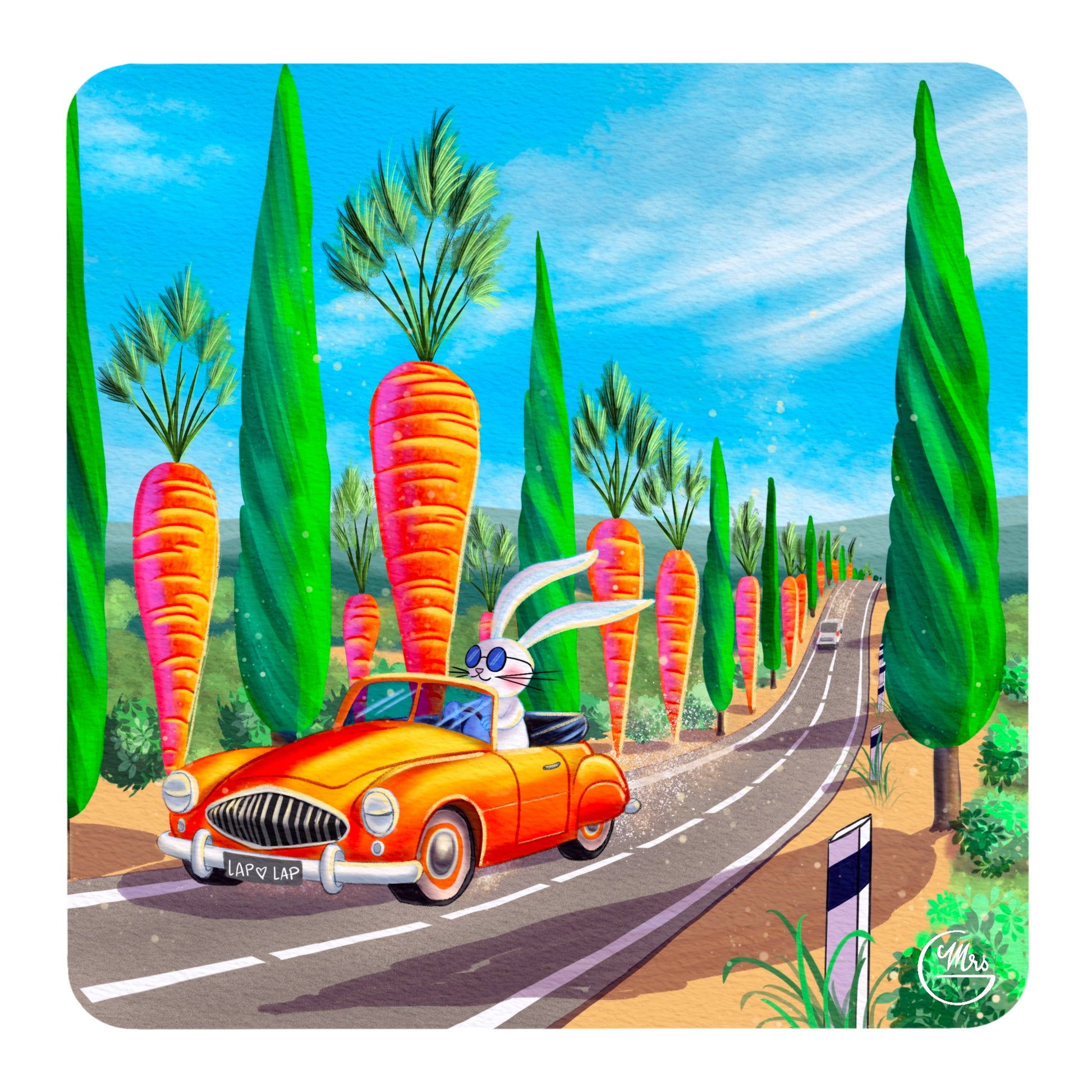 Carte postale. Sur la route avec Lapinou : décapotable, carottes-cyprès et liberté à l’américaine !