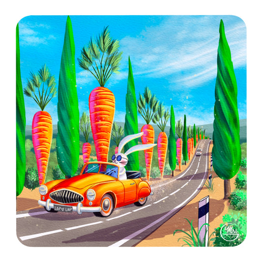 Carte postale. Sur la route avec Lapinou : décapotable, carottes-cyprès et liberté à l’américaine !