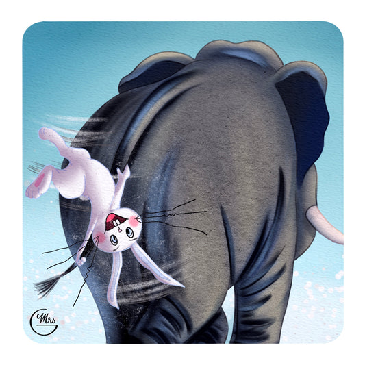 Carte postale. Aventure acrobate : Lapinou et son ami éléphant en balade suspendue !