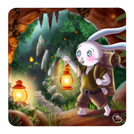 Carte postale. Lapinou et la grotte mystérieuse : frissons et curiosité en randonnée !