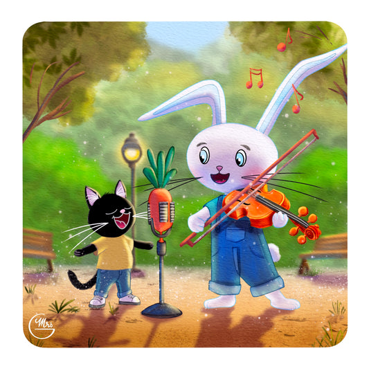 Carte postale. Rock’n Carotte : Lapinou et Chat en concert improvisé au parc !