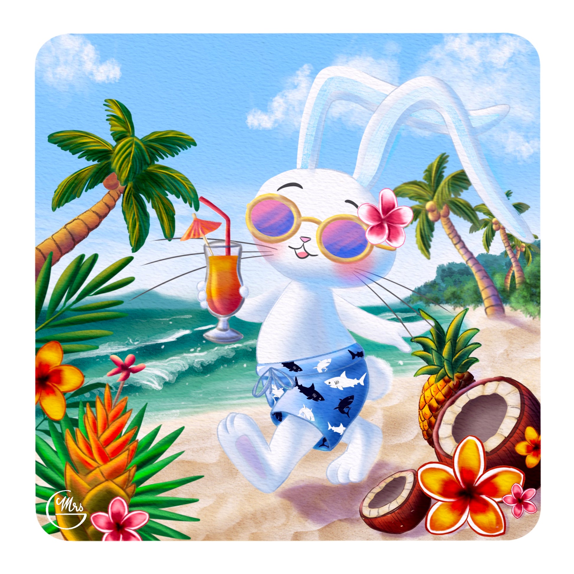 Carte postale. Soleil, sable et smoothie : Lapinou profite à fond des vacances !