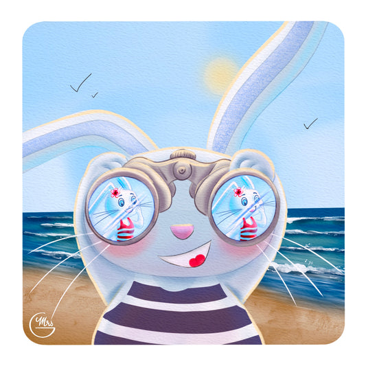 Carte postale. Lapinou et ses jumelles magiques : une rencontre surprise sur la plage !