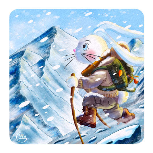 Carte postale. Objectif sommet : Lapinou en route pour conquérir l’Everest !