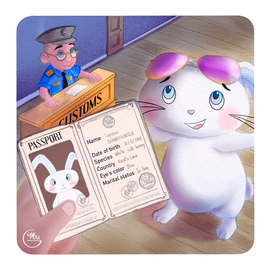 Carte postale. Passeport, s'il vous plaît ! Lapinou en mission charme à la douane !