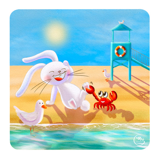 Carte postale. Attention aux pinces ! Lapinou et le crabe en plein fous rires sur la plage !