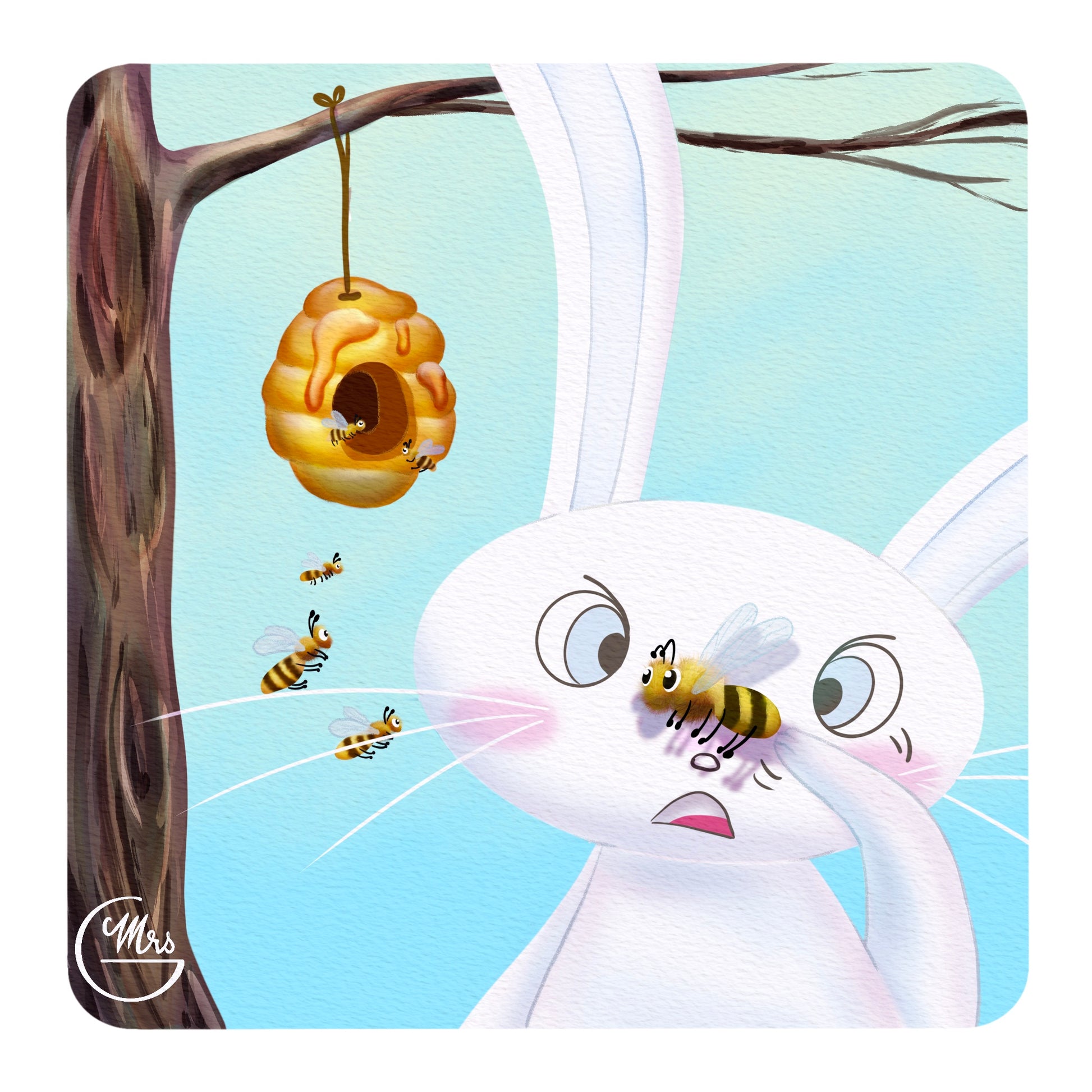 Carte postale. Quand une abeille fait la misère à Lapinou!