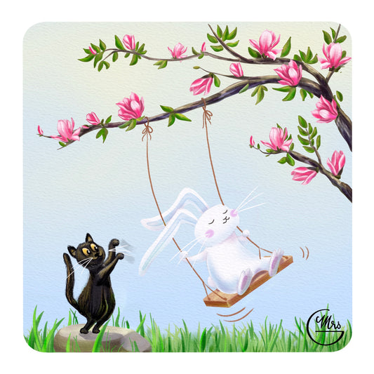 Carte postale. Quand Lapinou et Petit Chat prennent du bon temps sur une balançoire