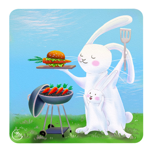 Carte postale. Barbecue en famille : Lapinou Père et Fils préparent le burger-carotte parfait !