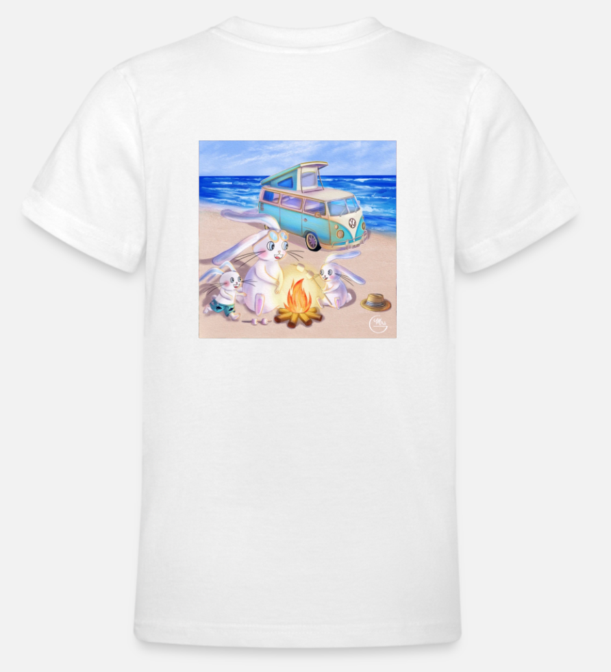 Tee-shirt à manches courtes, avec 2 impressions (devant: logo/derrière: "Rires et marshmallows pour Lapinou")-Mrs G Illustration