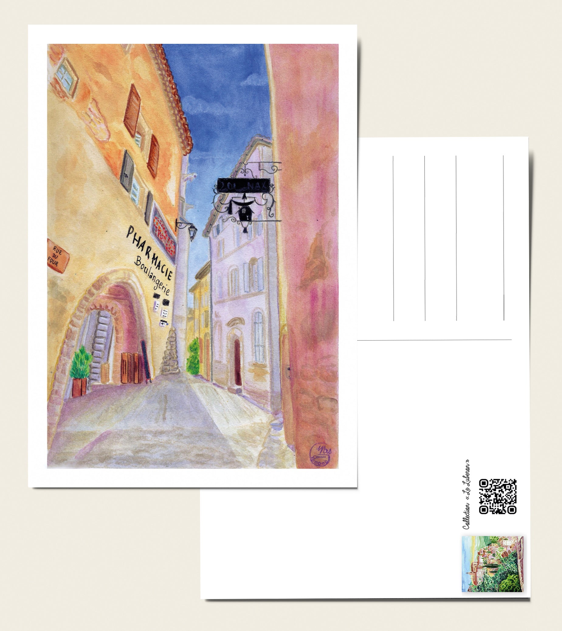 Carte postale. Pharmacie et promenade dans les ruelles de Gordes: la vie d'un petit village atypique