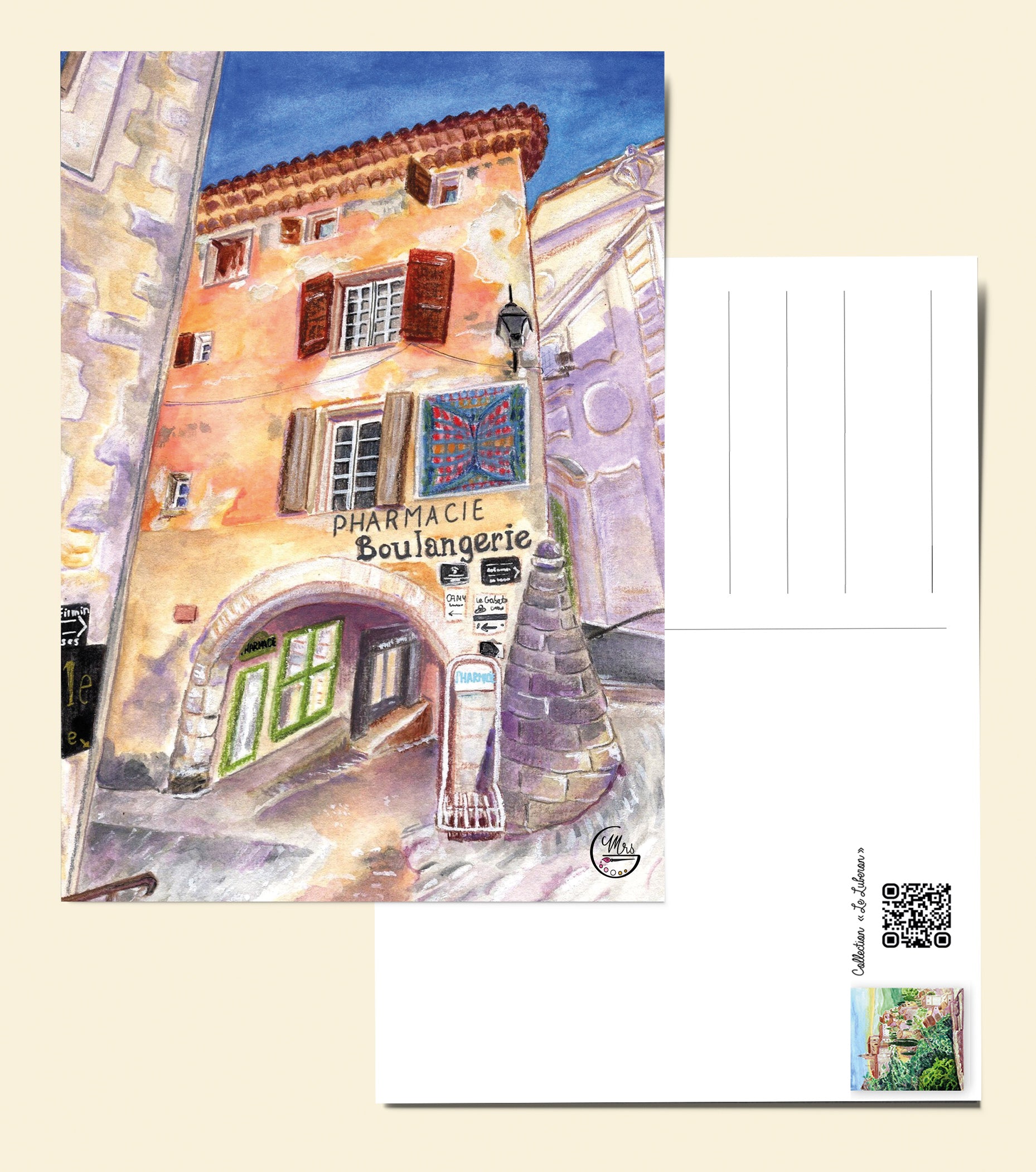 Carte postale. Une vitrine emblématique de Gordes: la pharmacie
