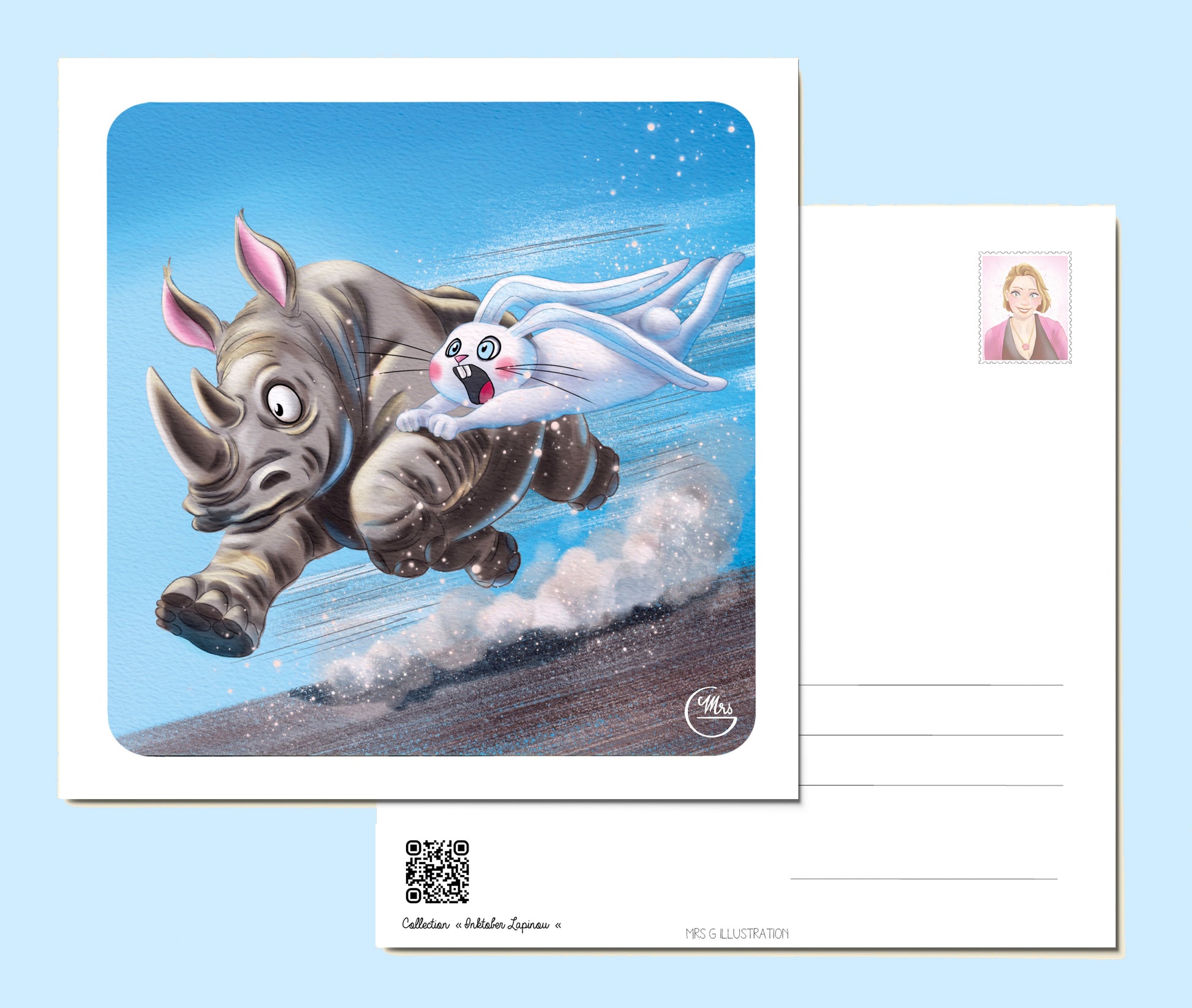 Carte postale. Lapinou, accroché sur un rhinocéros, dévale une pente à toute vitesse... Ca décoiffe...