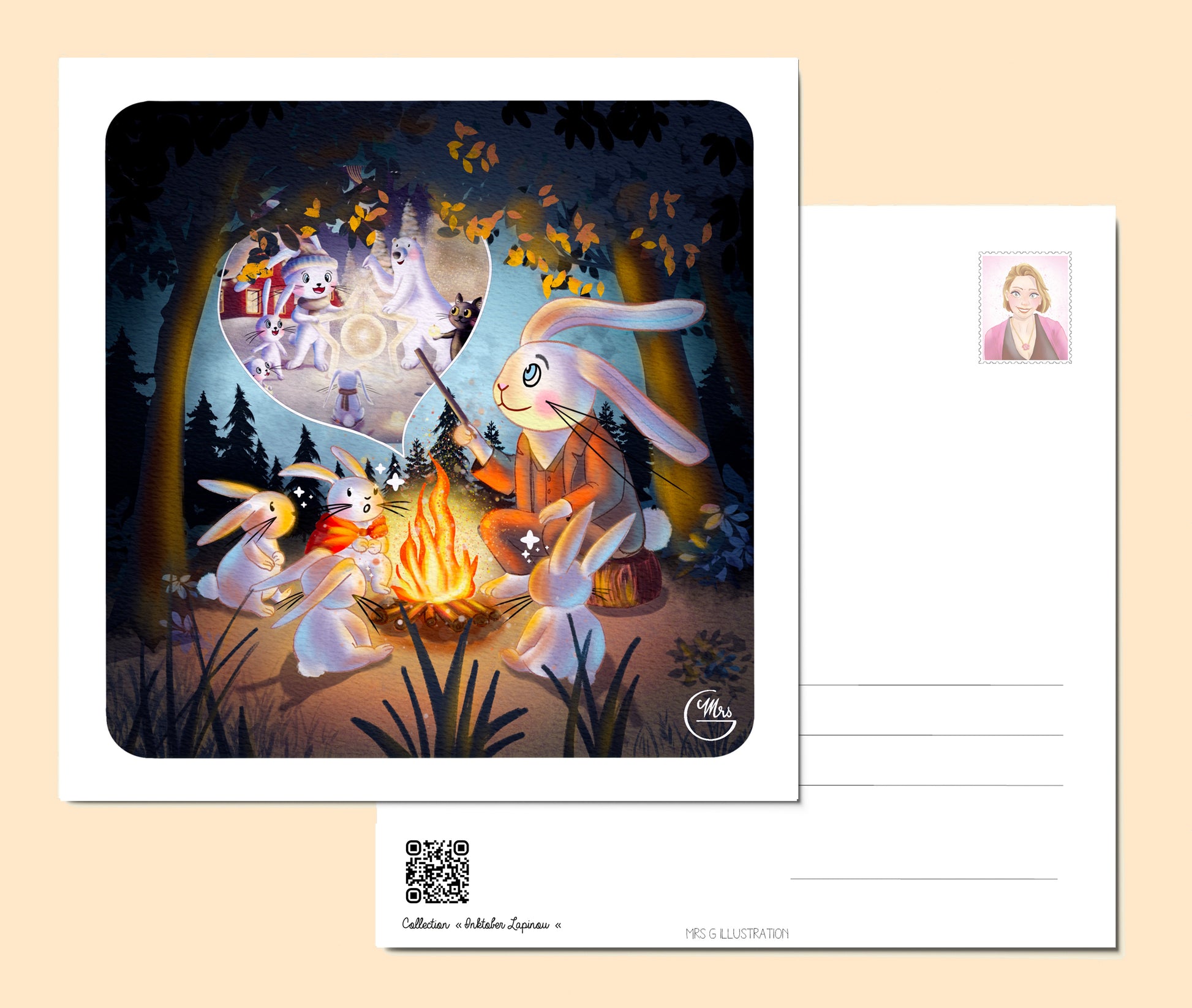 Carte postale. Lapinou raconte une histoire captivante à ses petits-lapinous autour d'un feu de camp