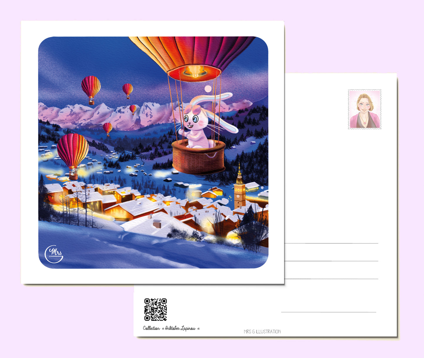 Carte postale. Lapinou prend de la hauteur : montgolfière et coucher de soleil au Grand Bornand !