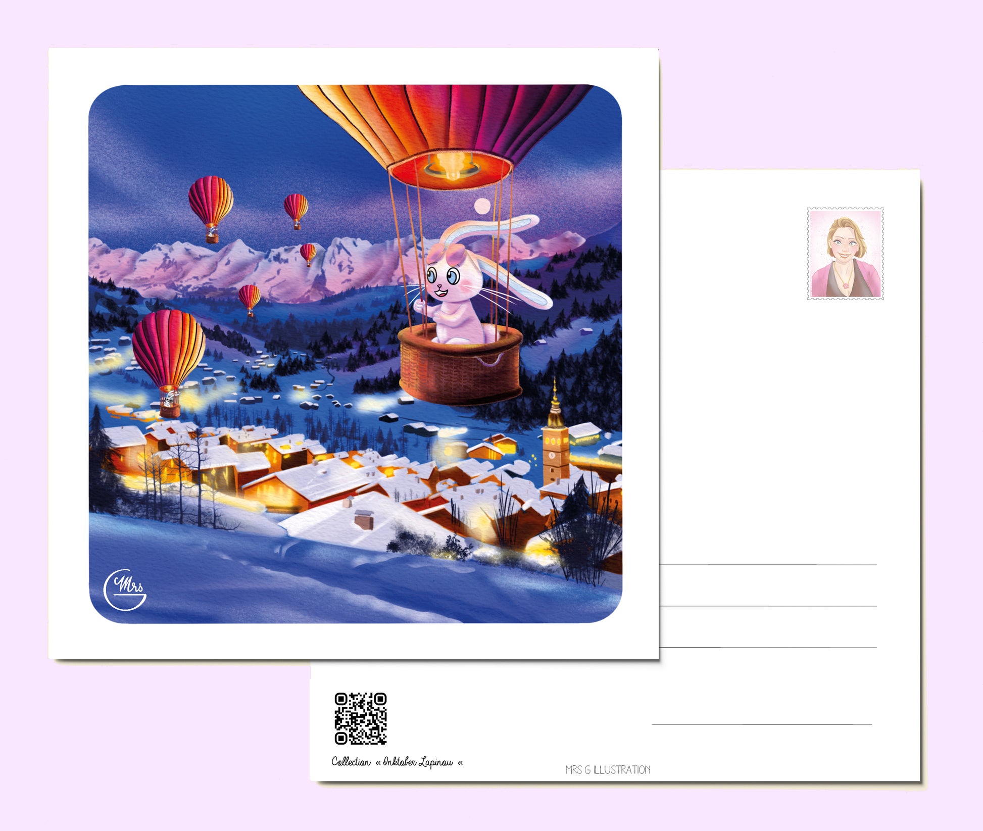 Carte postale. Lapinou prend de la hauteur : montgolfière et coucher de soleil au Grand Bornand !