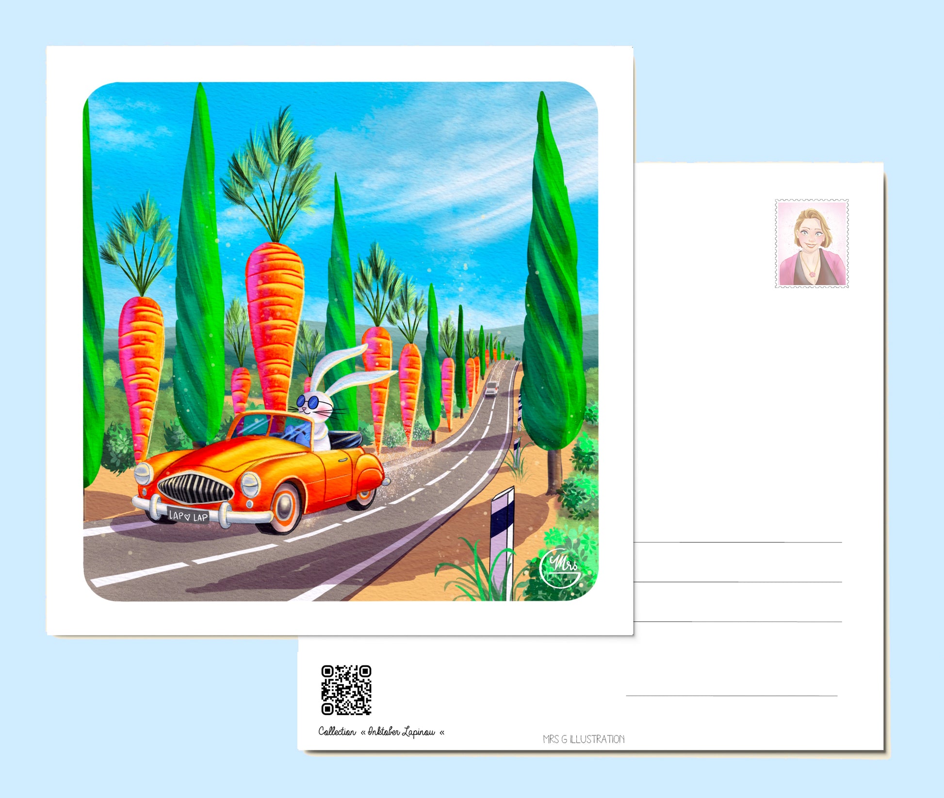 Carte postale. Sur la route avec Lapinou : décapotable, carottes-cyprès et liberté à l’américaine !