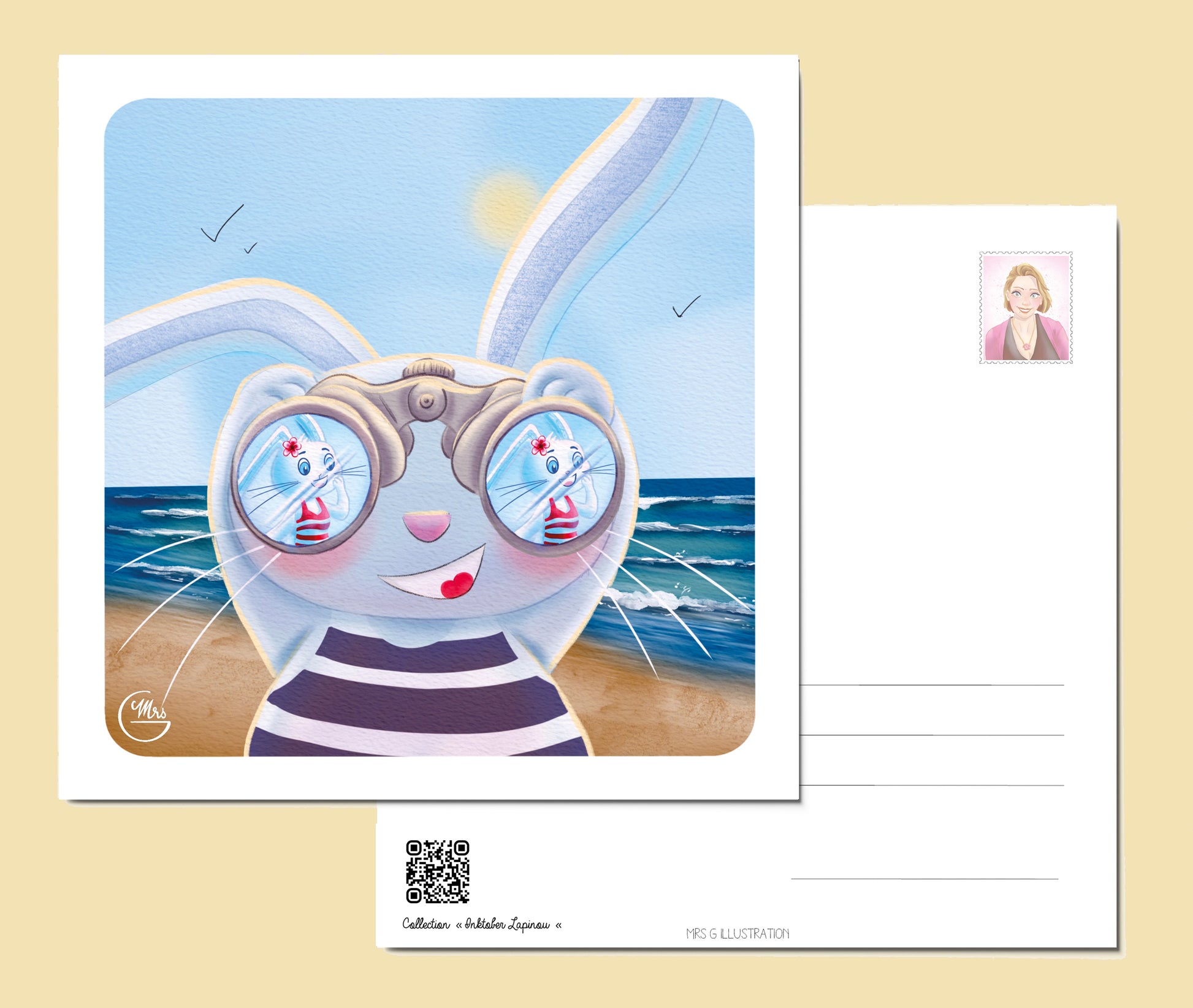 Carte postale. Lapinou et ses jumelles magiques : une rencontre surprise sur la plage !