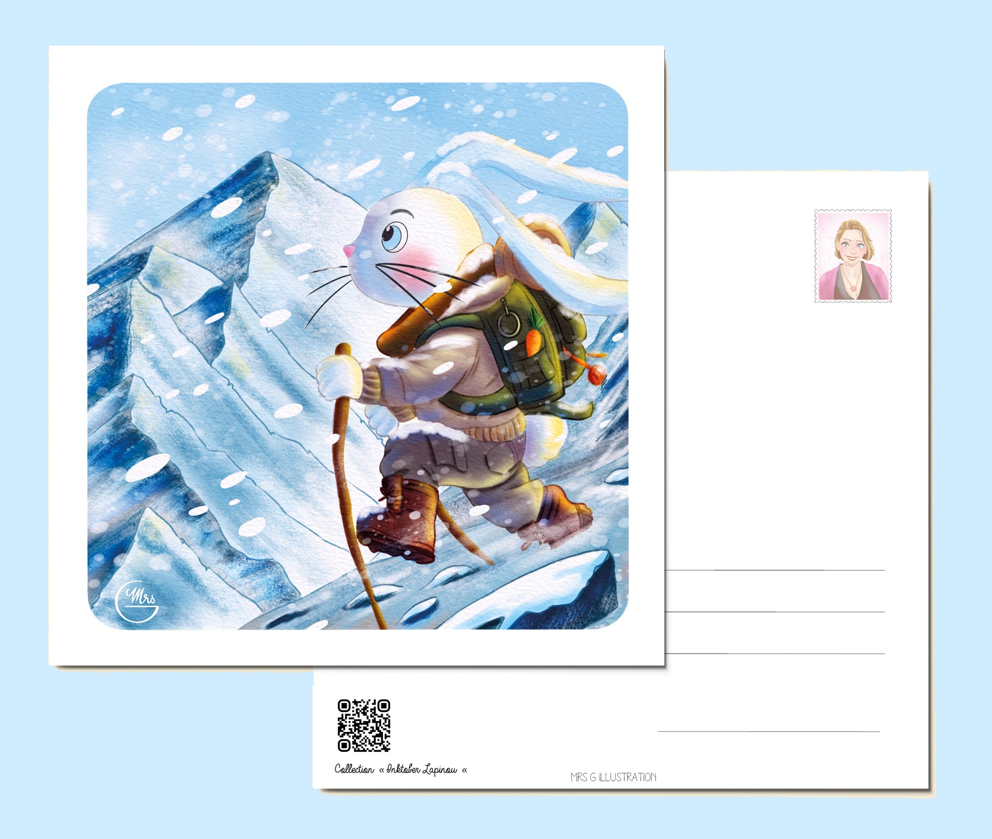 Carte postale. Objectif sommet : Lapinou en route pour conquérir l’Everest !