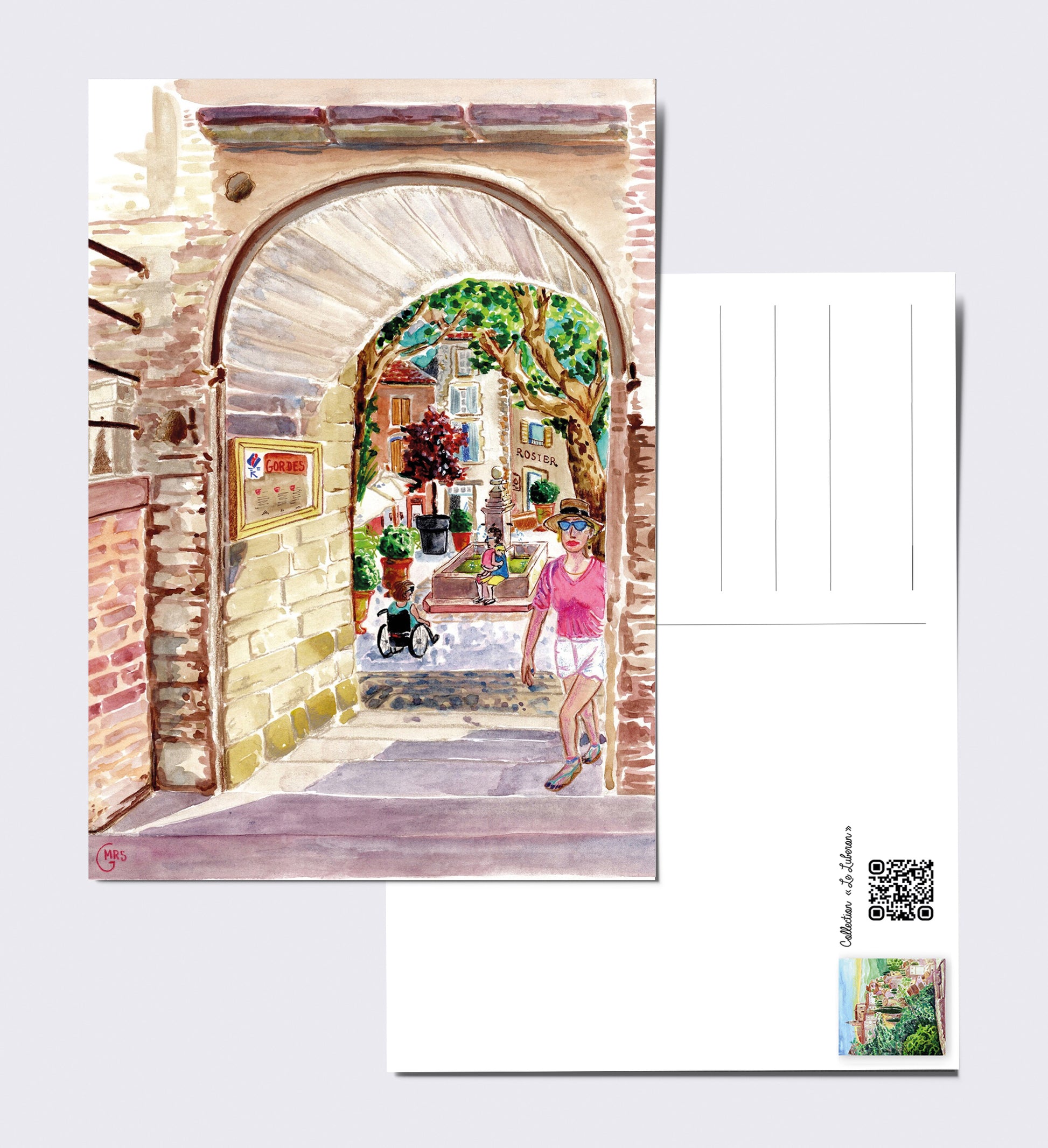 Carte postale. Petite pause à l'ombre pour un croquis sur le vif d'une tranche de vie gordienne