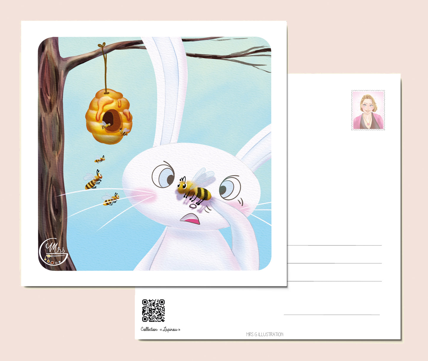 Carte postale. Quand une abeille fait la misère à Lapinou!