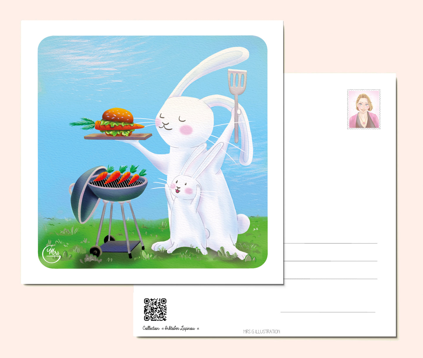Carte postale. Barbecue en famille : Lapinou Père et Fils préparent le burger-carotte parfait !