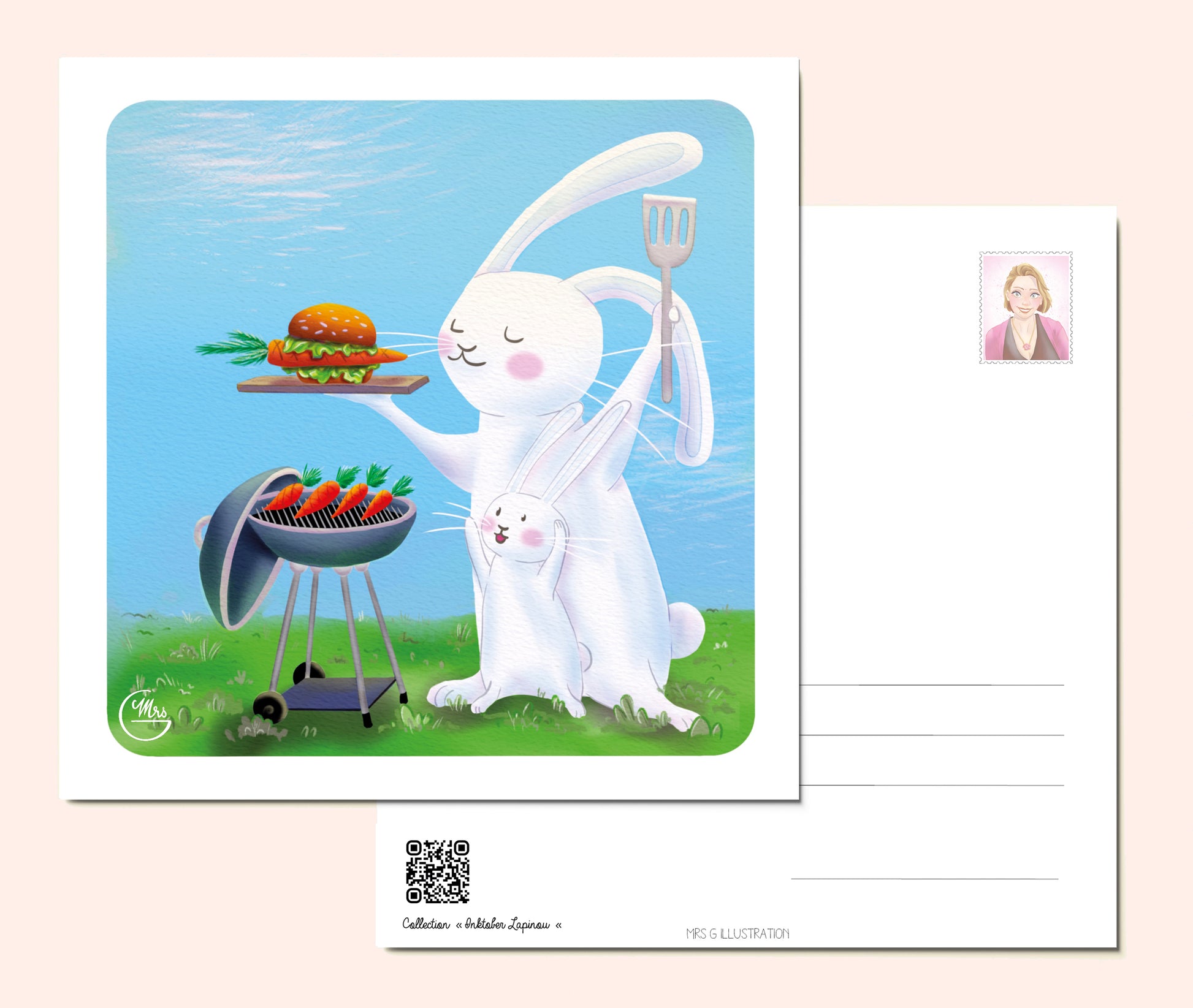 Carte postale. Barbecue en famille : Lapinou Père et Fils préparent le burger-carotte parfait !