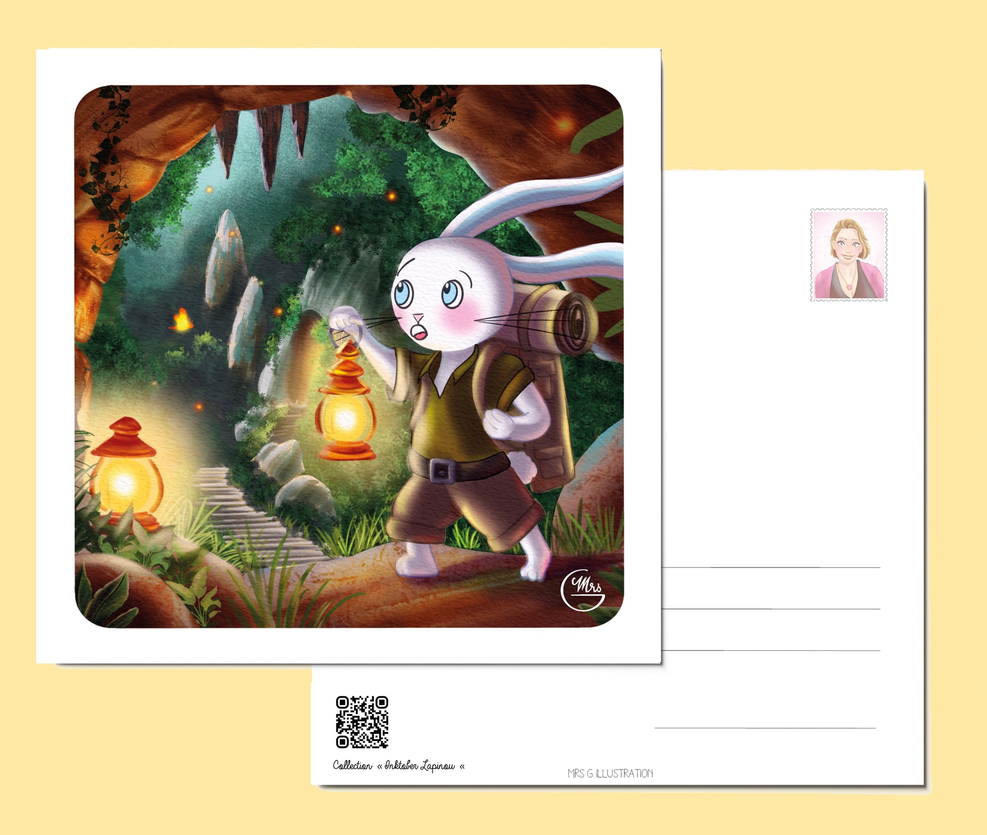 Carte postale. Lapinou et la grotte mystérieuse : frissons et curiosité en randonnée !