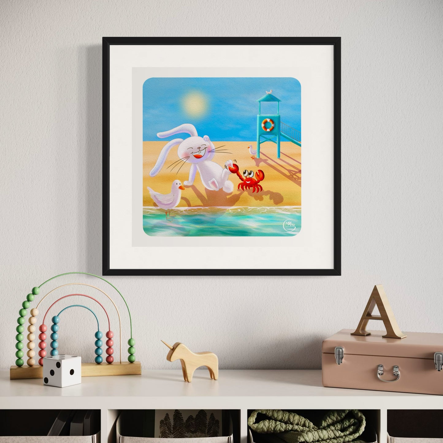 Poster. Attention aux pinces ! Lapinou et le crabe en plein fous rires sur la plage !