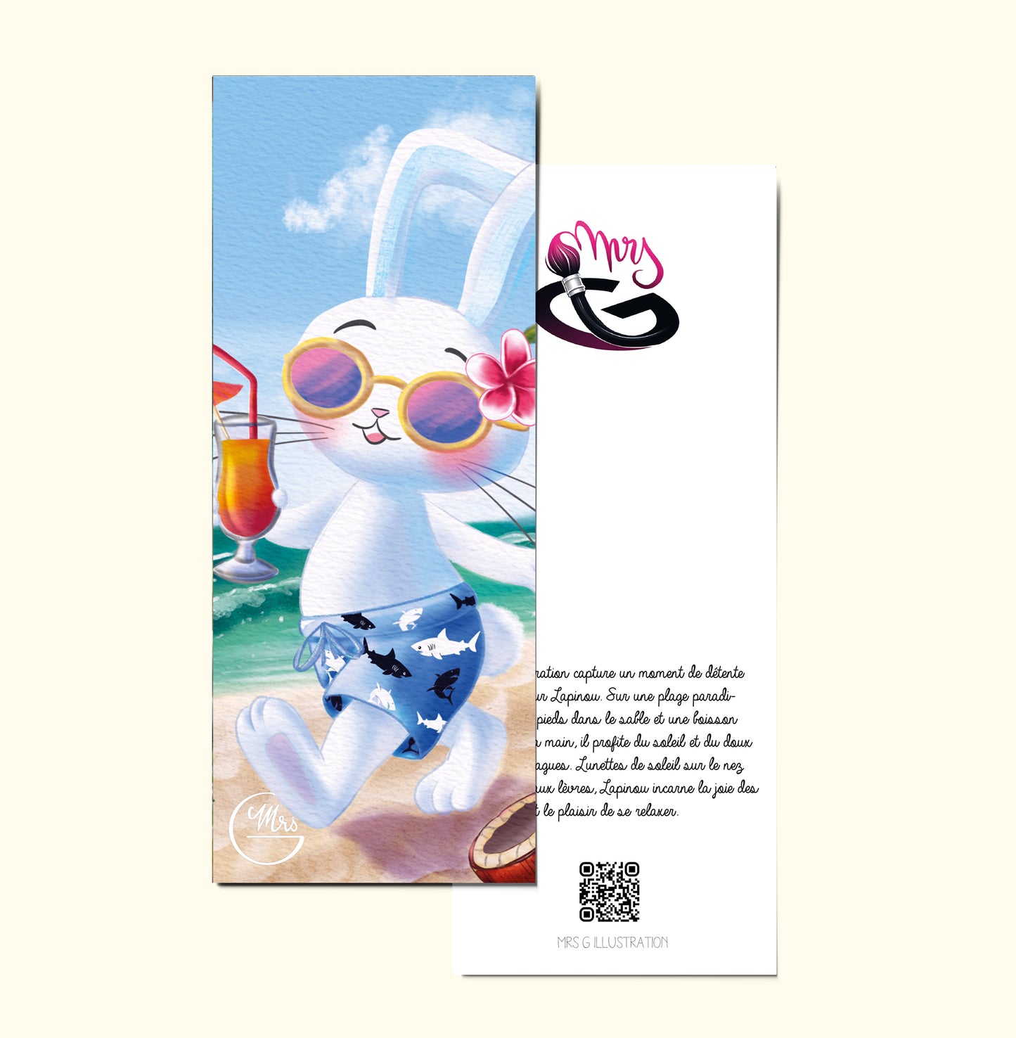 Marque page. Soleil, sable et smoothie : Lapinou profite à fond des vacances !