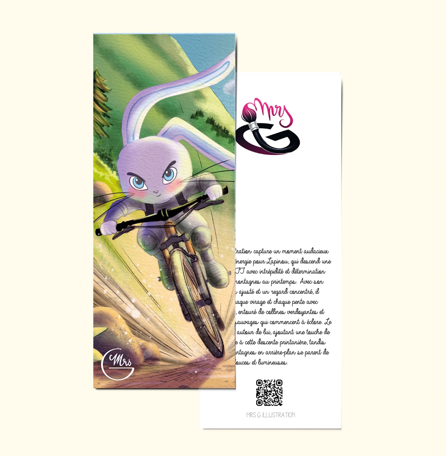 Marque page. Aventure à toute vitesse : Lapinou dévale les pentes fleuries en VTT !