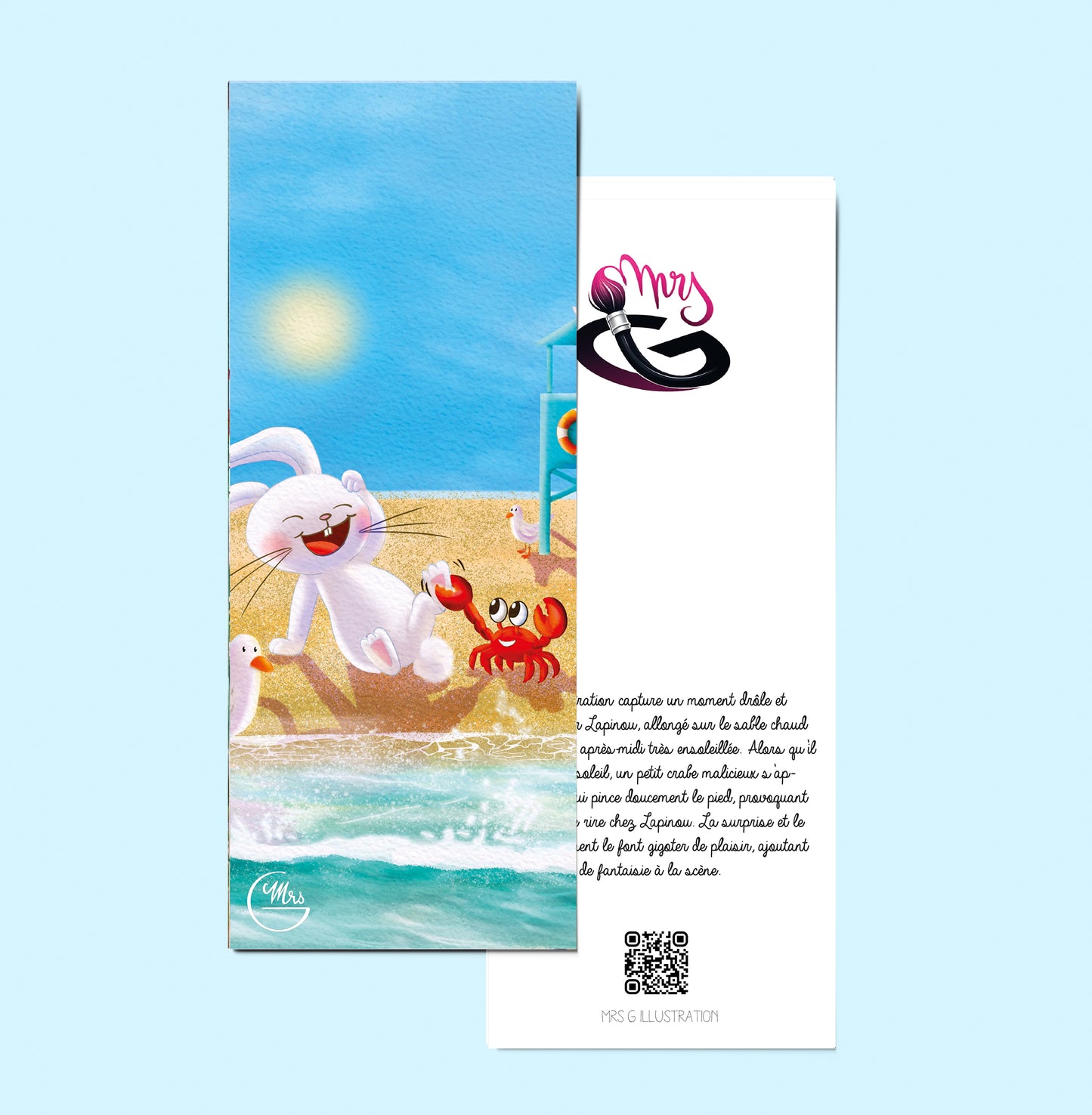 Marque page. Attention aux pinces ! Lapinou et le crabe en plein fous rires sur la plage !