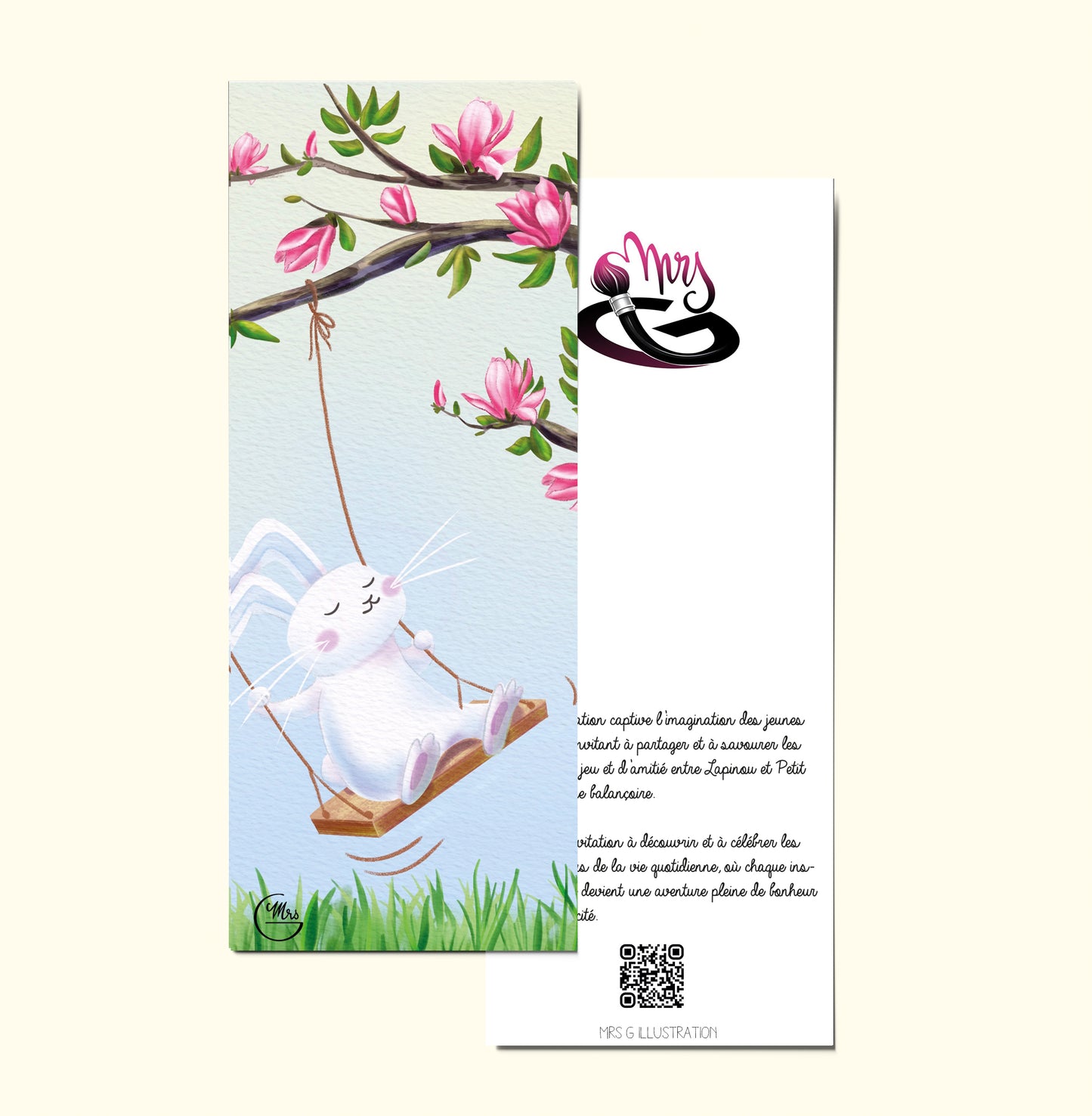 Marque page. Quand Lapinou et Petit Chat prennent du bon temps sur une balançoire